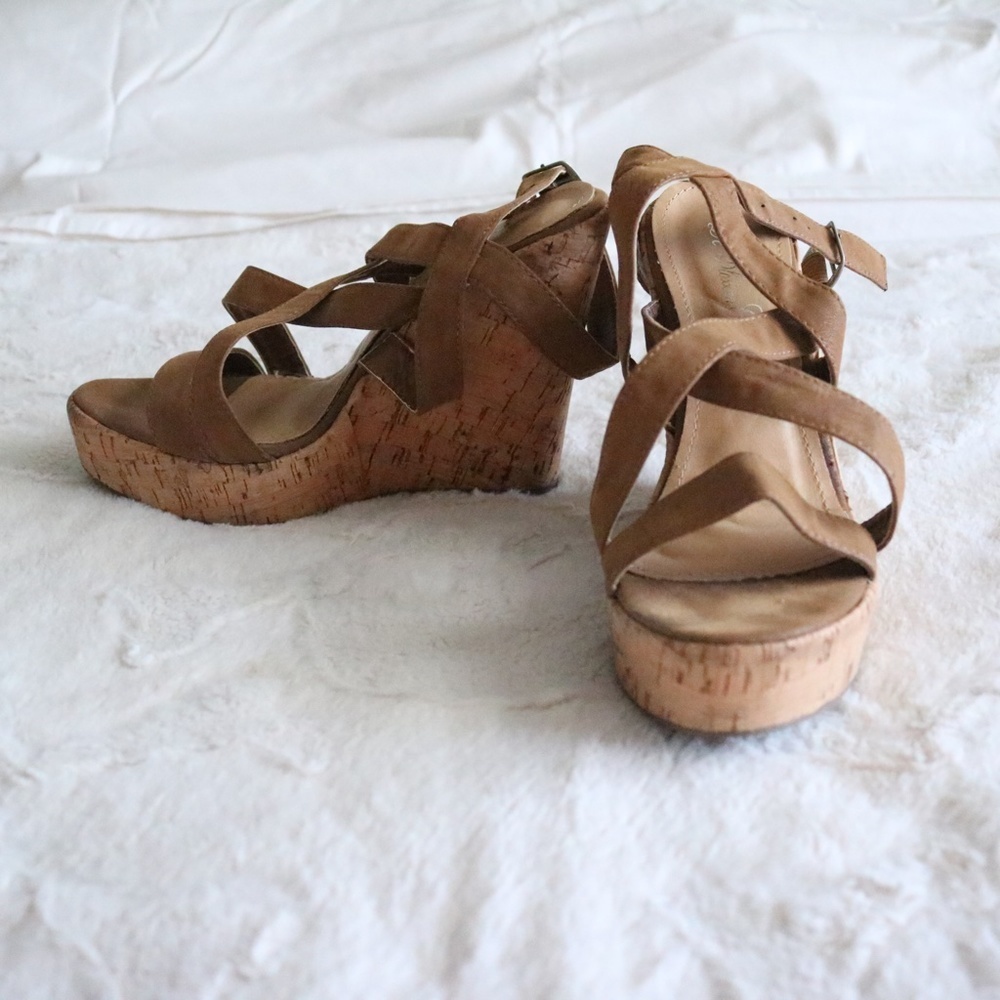 De Blossom Collection Tan Platform Wedge Cross Ankle Strap Heel Shoe